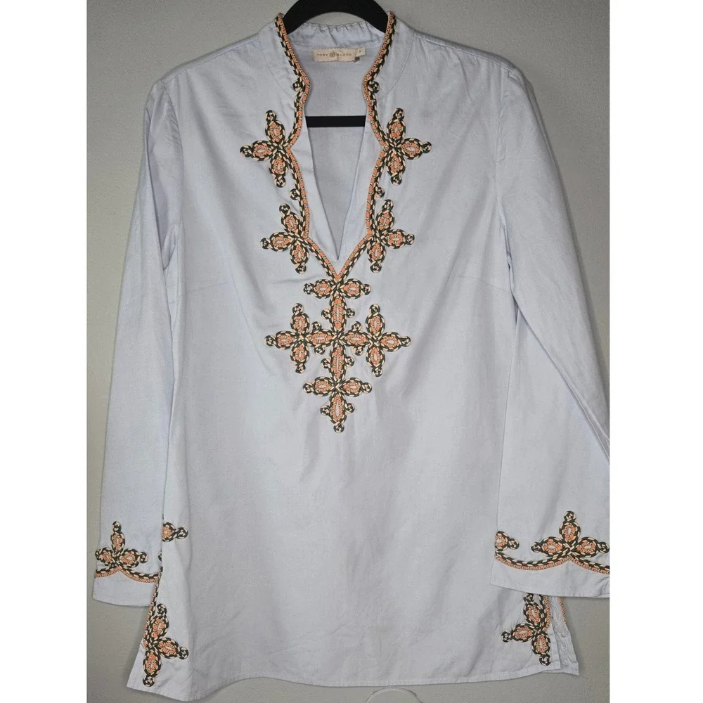 Tory Burch Embellished Tunic‎ Top Blue Cotton Rope Trim Size 8 Resort Coastal